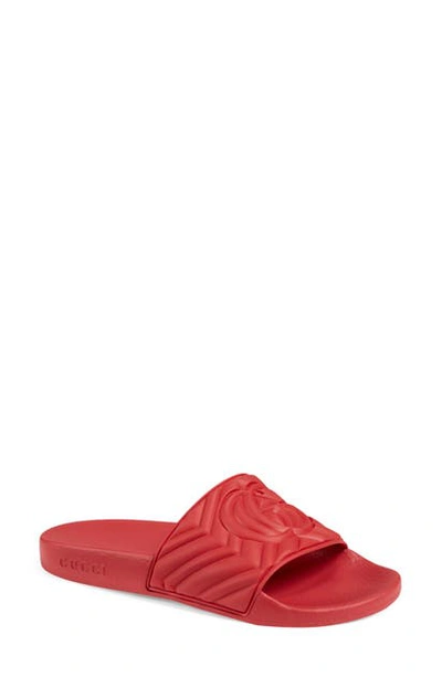 Shop Gucci Pursuit Logo Slide Sandal In Deep Coral