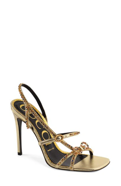Shop Gucci Carmen Crystal Bow Metallic Slingback Sandal In Gold