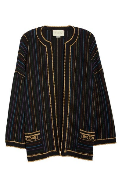Shop Gucci Metallic Stripe Wool Blend Sweater Jacket In Black/ Multicolor