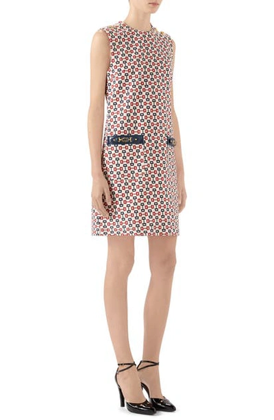 Shop Gucci Horsebit Print Cotton Canvas Shift Dress In Ivory/ Blue/ Red