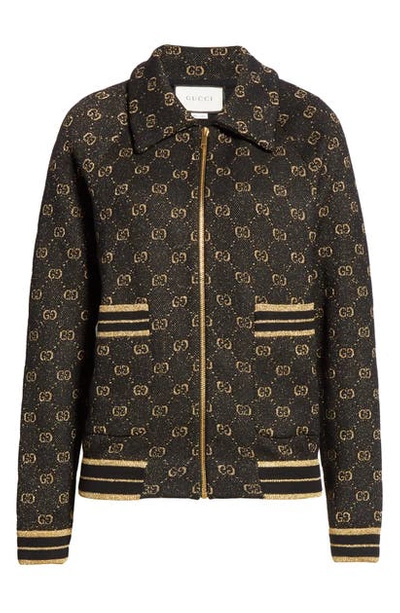 Shop Gucci Gg Metallic Jacquard Wool Blend Bomber Jacket In Black/ Gold