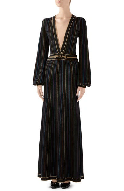 Shop Gucci Metallic Stripe Long Sleeve Maxi Sweater Dress In Black/ Multicolor