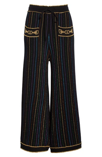 Shop Gucci Metallic Stripe Jacquard Wool Blend Sweater Pants In Black/ Multicolor