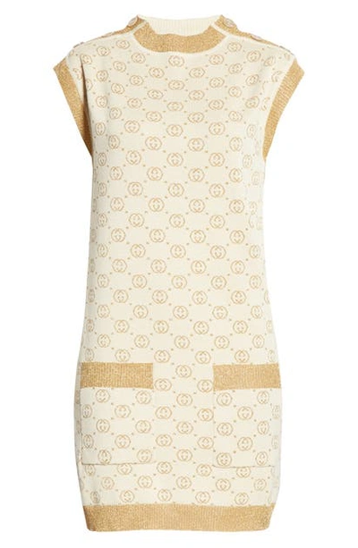 Shop Gucci Interlocking-g Metallic Jacquard Wool Blend Sweater Minidress In Cream/ Gold