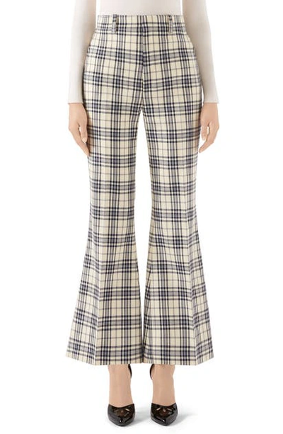 Shop Gucci Plaid Wool Flare Trousers In Blue/ White