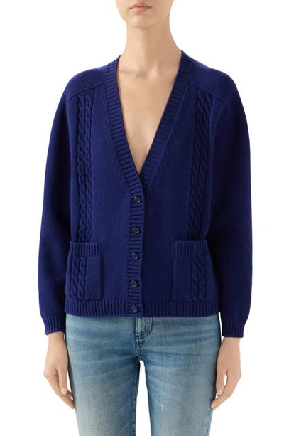 Shop Gucci Logo Patch Cable Wool Cardigan In Navy