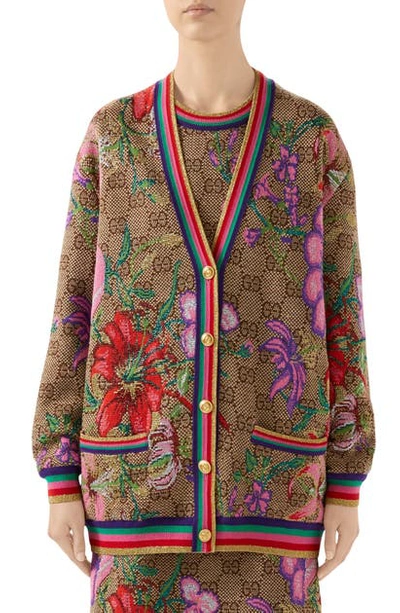 Shop Gucci Metallic Floral Double G Wool Blend Cardigan In Brown/ Beige/ Mc