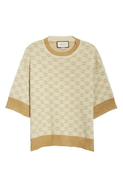 Shop Gucci Lame Logo Jacquard Wool Blend Sweater In Cream/ Gold