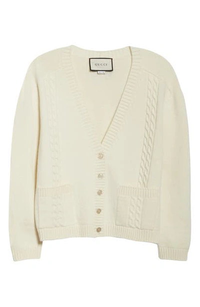 Shop Gucci Logo Patch Cable Wool Cardigan In Ivory