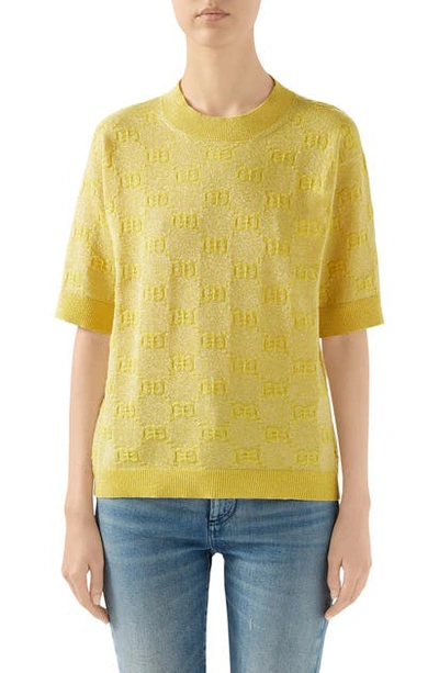 Shop Gucci Gg Logo Metallic Jacquard Wool Blend Sweater In Yellow/ Multicolor
