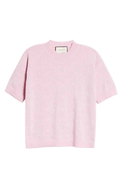 Shop Gucci Gg Logo Metallic Jacquard Wool Blend Sweater In Pink/ Mc
