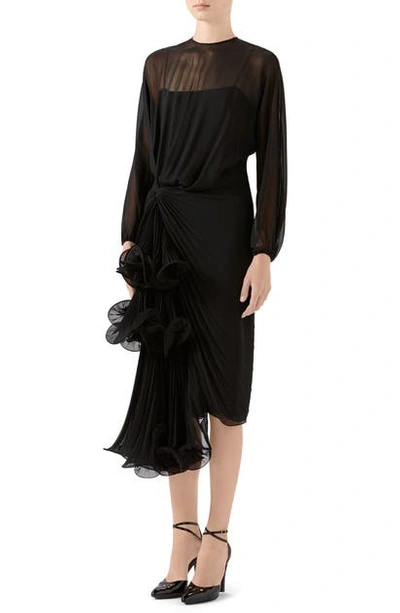 Shop Gucci Draped Silk Georgette Long Sleeve Midi Dress In Black