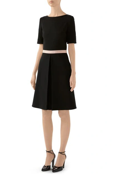 Shop Gucci Logo Waist Wool Blend Jersey A-line Dress In Black/ Mix