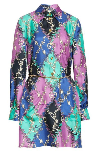 Shop Gucci Rhombus Print Long Sleeve Silk Shirtdress In Violet/ Black Printed