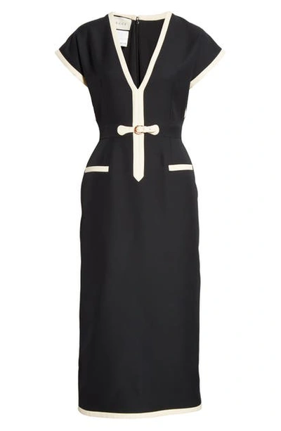 Shop Gucci Belted Silk & Wool Cady Crepe Dress In Black/ Mix