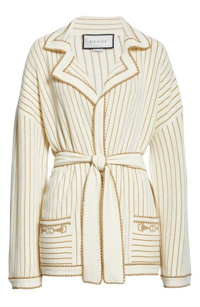 Shop Gucci Metallic Stripe Wool Blend Wrap Sweater Jacket In Ivory/ Gold