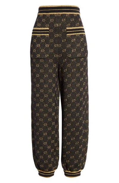 Shop Gucci Gg Metallic Jacquard Wool Blend Track Pants In Black/ Gold