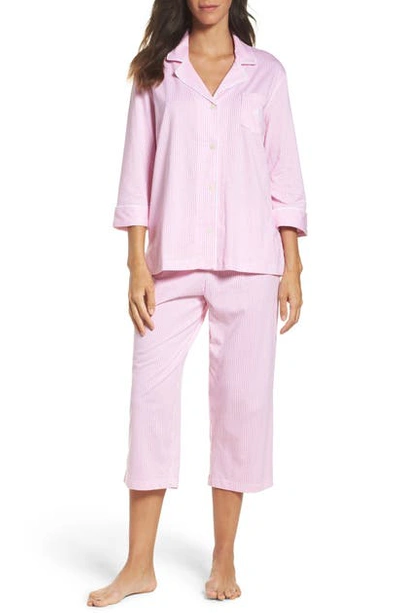 Shop Lauren Ralph Lauren Knit Crop Cotton Pajamas In Lagoon Pink/ White Stripe
