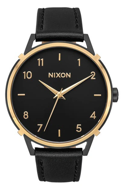 Shop Nixon The Arrow Leather Strap Watch, 38mm In Black/ Gold