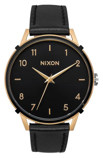 Shop Nixon The Arrow Leather Strap Watch, 38mm In Black/ Gold/ Black
