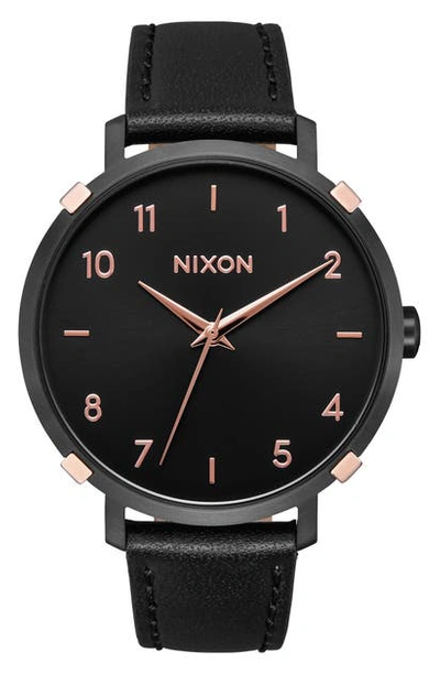 Shop Nixon The Arrow Leather Strap Watch, 38mm In Black/ Rose Gold/ Black