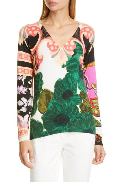 Shop Etro Floral Print Silk Blend Sweater In Green
