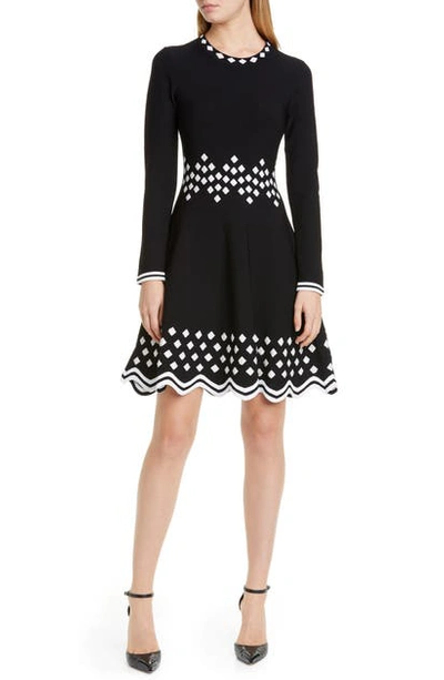 Shop Lela Rose Diamond Jacquard Long Sleeve Fit & Flare Sweater Dress In Black/ White