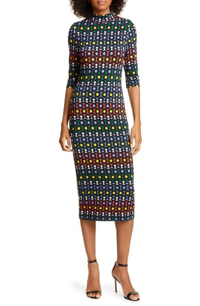 Shop Alice And Olivia Delora Geo Print Fitted Turtleneck Midi Dress In Large Rainbow Dot