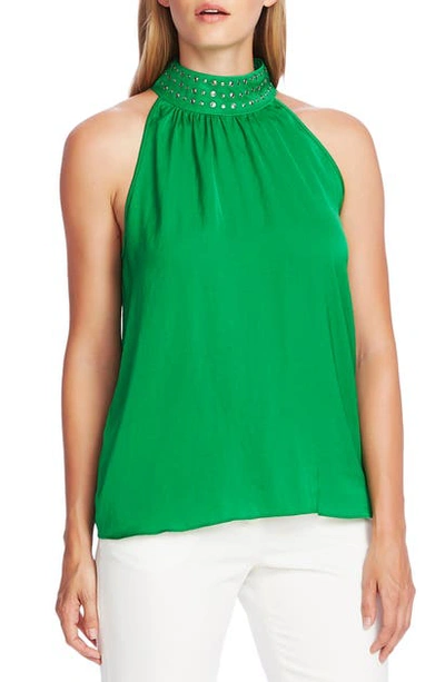 Shop Vince Camuto Stud Detail Mock Neck Sleeveless Blouse In Deep Emerald