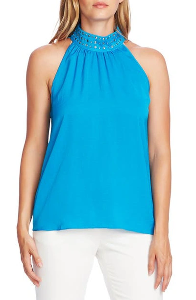 Shop Vince Camuto Stud Detail Mock Neck Sleeveless Blouse In Lagoon