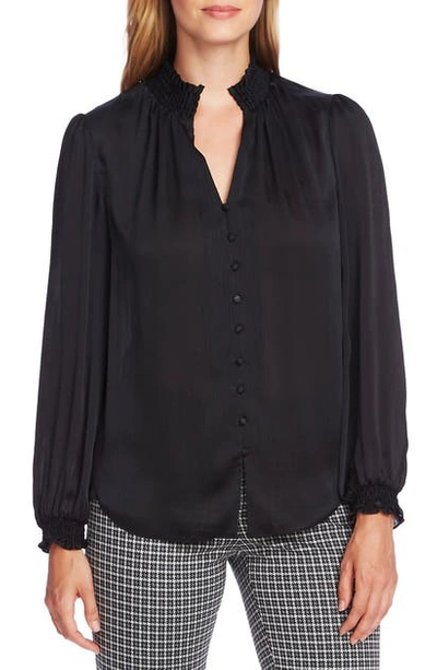 Shop Vince Camuto Textured Smock Detail Long Sleeve Blouse In Rich Black