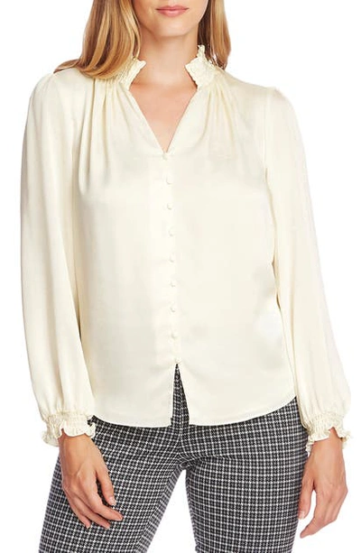 Shop Vince Camuto Textured Smock Detail Long Sleeve Blouse In Pearl Ivory