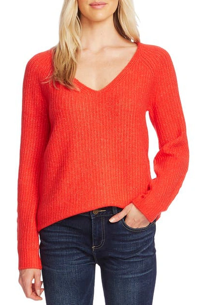 Shop Vince Camuto Ribbed V-neck Sweater In Fiesta