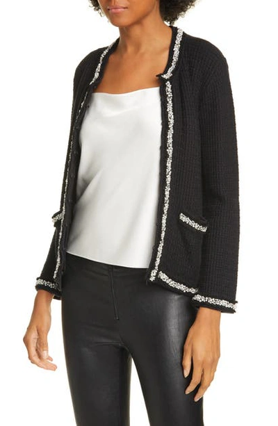 Shop Alice And Olivia Georgia Imitation Pearl Detail Cotton Blend Sweater Jacket In Black