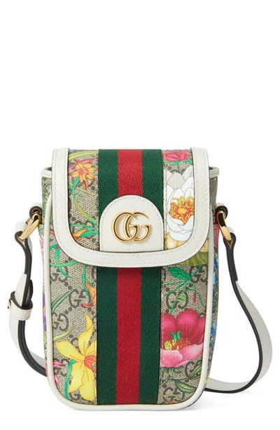 Shop Gucci Ophidia Flora Gg Supreme Canvas Shoulder Bag In Beige Ebony/ Mystic White/red