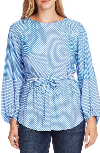 Shop Vince Camuto Pinstripe Tie Waist Long Sleeve Blouse In Peacock