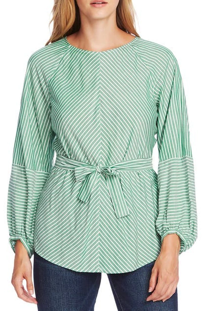 Shop Vince Camuto Pinstripe Tie Waist Long Sleeve Blouse In Everglade