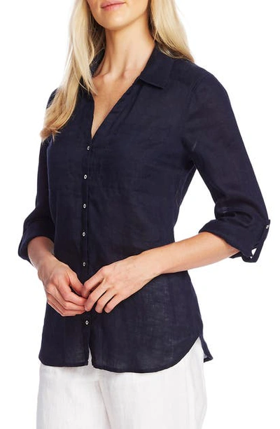 Shop Vince Camuto Roll Tab Long Sleeve Linen Blouse In Dark Navy