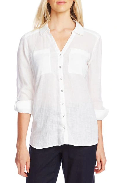 Shop Vince Camuto Roll Tab Long Sleeve Linen Blouse In Ultra White