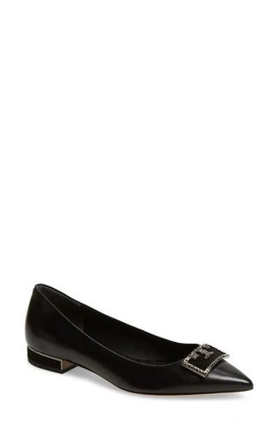 Shop Tory Burch Gigi Crystal Logo Pointed Toe Flat In Perfect Black/ Perfect Black