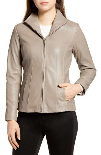 Shop Cole Haan Lambskin Leather Jacket In Cement