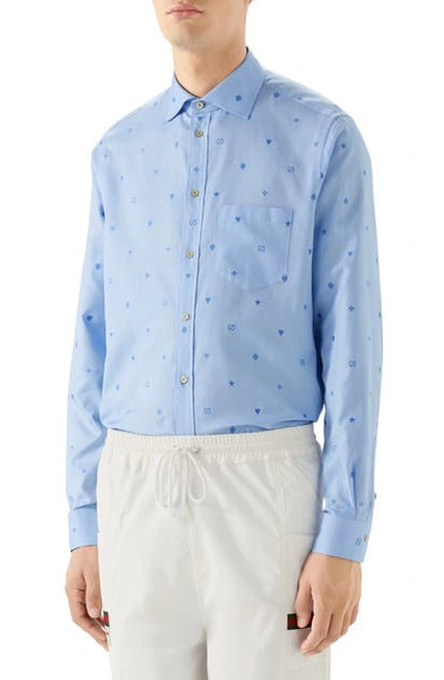 Shop Gucci Symbols Fil Coupe Cotton Button-up Shirt In Blue