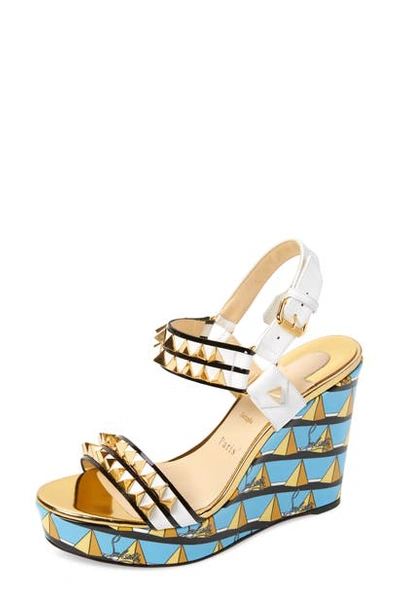 Shop Christian Louboutin Griotta Wedge Sandal In Turquoise/ White