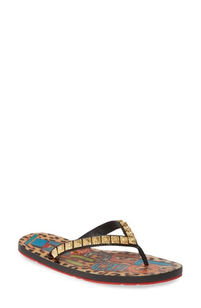 Shop Christian Louboutin Montezazou Studded Flip Flop In Leopard/ Gold