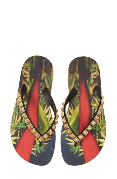 Shop Christian Louboutin Montezazou Studded Flip Flop In Jungle/ Gold