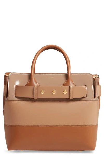 Shop Burberry Small Belt Colorblock Leather Satchel In Soft Fawn/ Biscuit