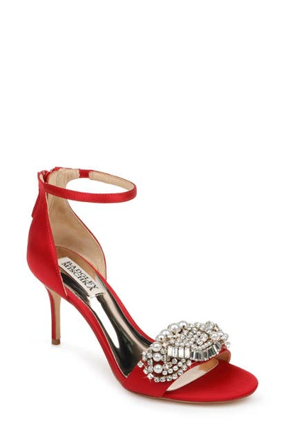 Shop Badgley Mischka Odalis Embellished Ankle Strap Sandal In Red Satin