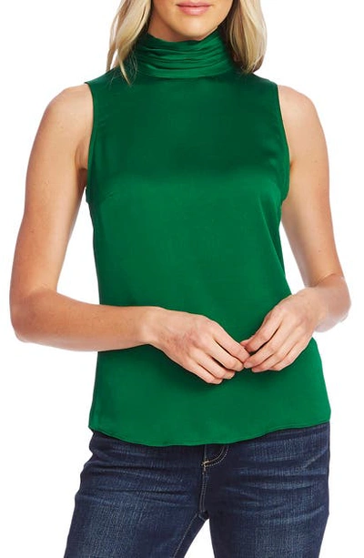 Shop Vince Camuto Mock Neck Hammered Satin Sleeveless Top In Everglade