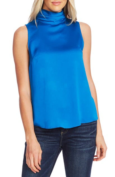 Shop Vince Camuto Mock Neck Hammered Satin Sleeveless Top In Peacock