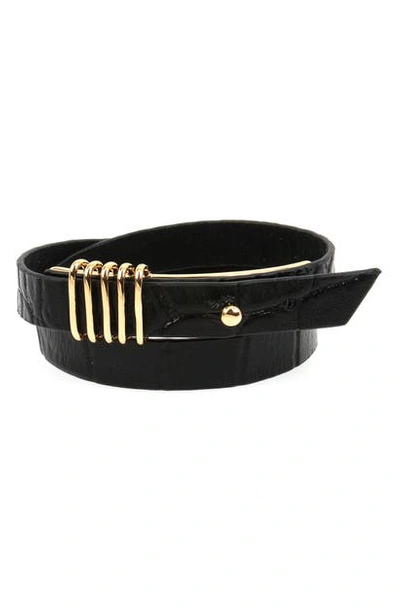 Shop Allsaints Double Wrap Leather Bracelet In Black Croc/ Gold